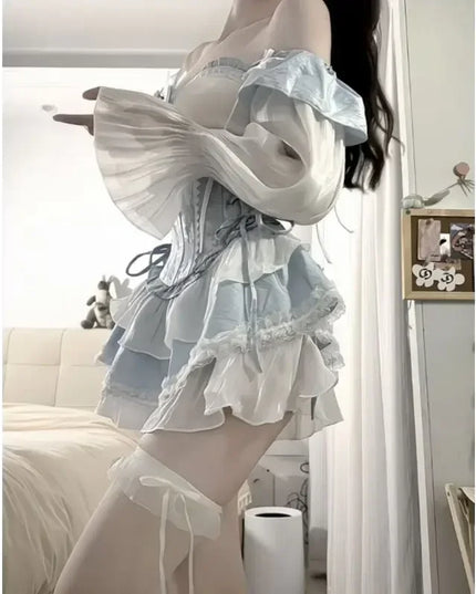 French Romantic Lolita Opal Elegant Girl Cosplay Princess Puffy Sleeve Bow Flower Tunic Mesh Fantasy Fairytale Dress