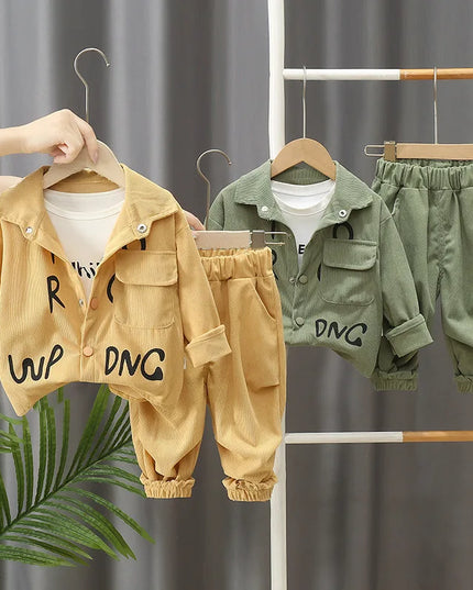 2025 New children's set boys' spring and autumn corduroy letter cardigan long sleeved two-piece set 1-5 years old