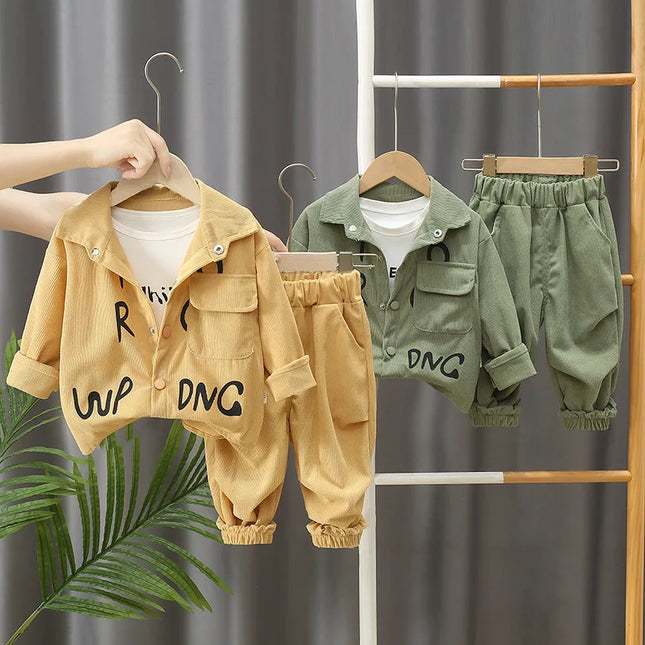 2025 New children's set boys' spring and autumn corduroy letter cardigan long sleeved two-piece set 1-5 years old