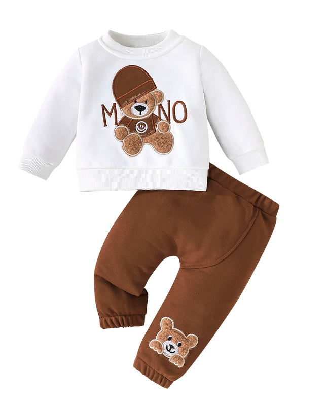 Terno For Kid 3-24Months Casual Cartoon Bear Long Sleeve tee and Navy Pants Outfit Toddler Infant Clothing Set Kids Wear