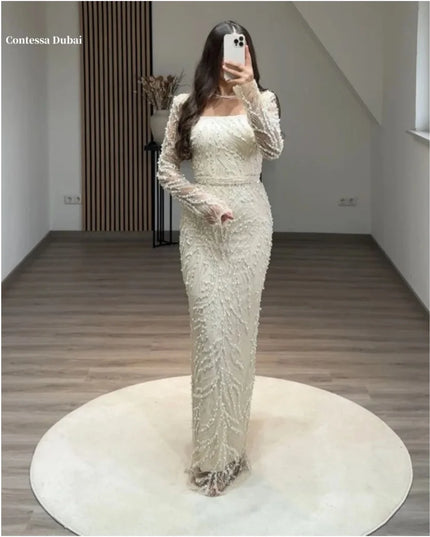 Contessa Dubai Beading Pearls Wedding Dress Square Collar Long Sleeves vestidos de noche Rear Forks فساتين سهرة Customized 2025