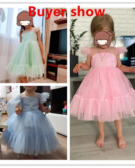 Flower Girl Wedding Dress Kids Pink Birthday Party Bow Princess Clothes Baby Evening Gala Costume Summer Ruffle Sleeve Tutu Gown