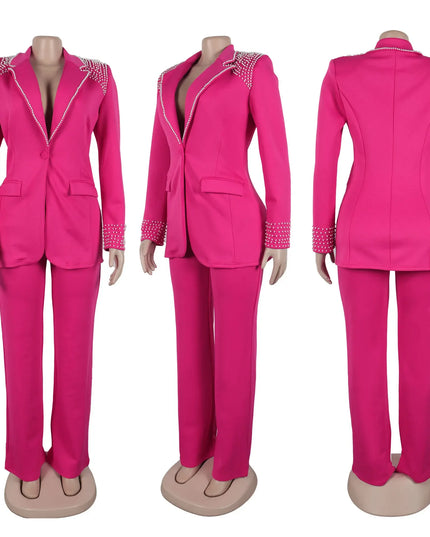 2 Pieces Women's Sets A Long Sleeve Pearl Blazers Suit