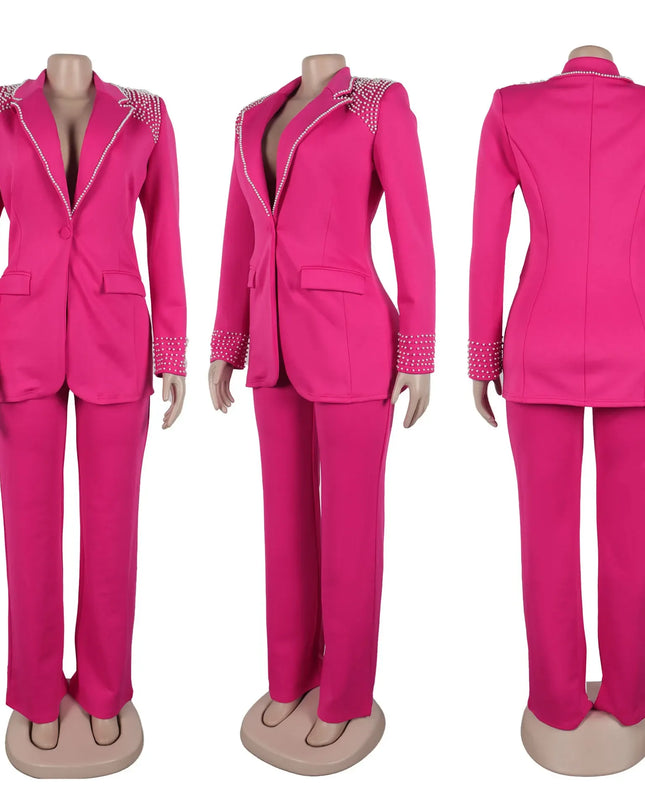 2 Pieces Women's Sets A Long Sleeve Pearl Blazers Suit