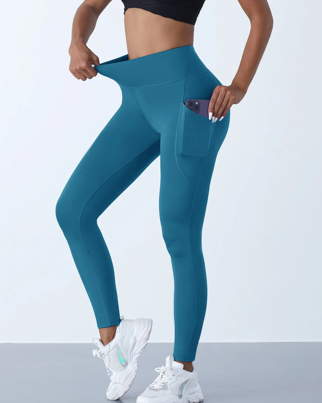 New High Waist Women's Leggings Stretch Yoga Pants Tights With Pockets Push Up Fitness Running Sportswear Solid Color Pants