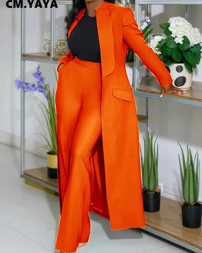 Women's Set Full Sleeve X-Long Blazer Coat+ Long Pant Suit