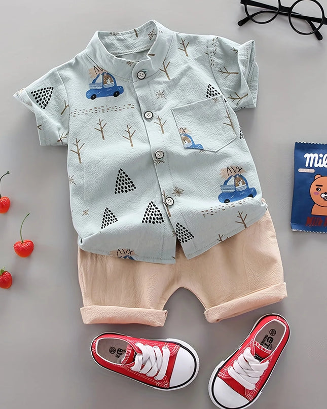 Infant and toddler summer full print bear driving pattern short sleeved shorts set for outdoor standing collar shirt fashion two