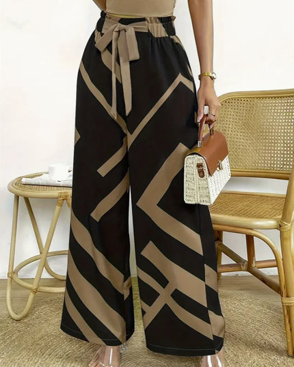 Geometric Pattern Print Wide Leg Pants Casual Loose Bow Front High Waist Pants For Every Day, Women's Clothing