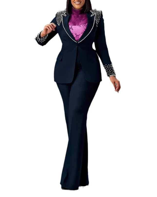 2 Pieces Women's Sets A Long Sleeve Pearl Blazers Suit