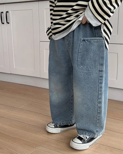 2024 Spring Autumn Kid Boys Denim Pants Side Pocket Polished White Children Boys Pants Elastic Waist Casual Baby Boys Trousers
