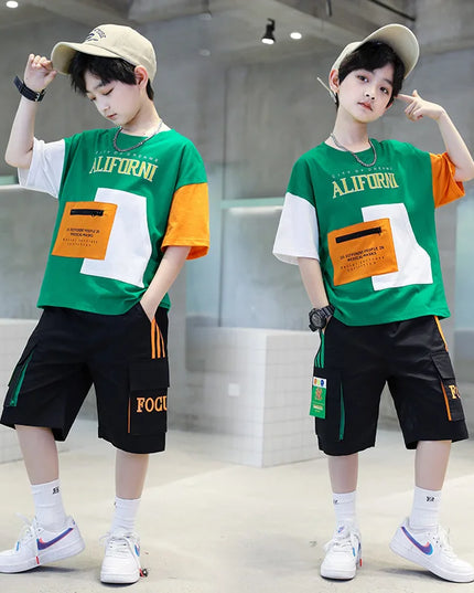 2025 summer Teenager Boys Clothes Casual Outfit Kids Tracksuit Child t shirt + shorts hot pant 4 5 6 7 8 9 10 12 11 13 14 Year