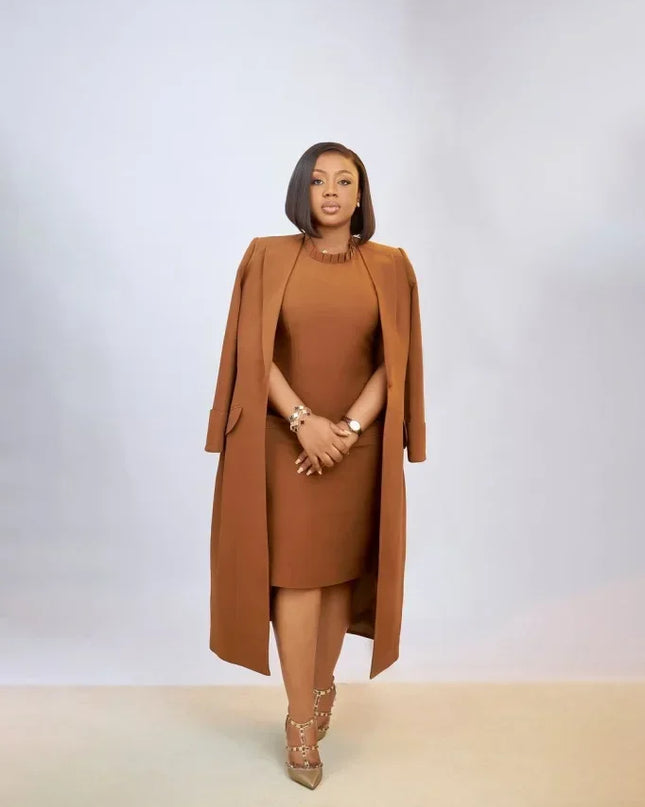 Women's Set Full Sleeve Long Blazer Coat+ Long Dress Suit  Winter Streetwear T