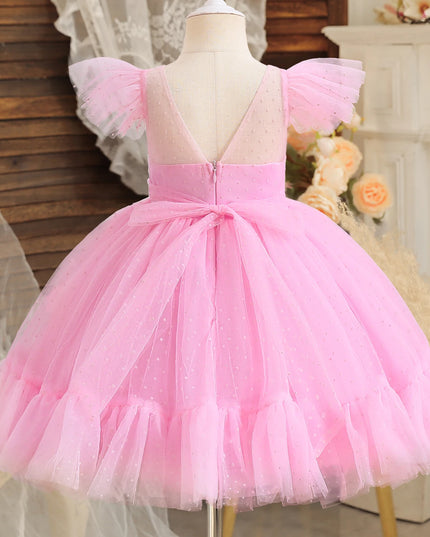 Flower Girl Wedding Dress Kids Pink Birthday Party Bow Princess Clothes Baby Evening Gala Costume Summer Ruffle Sleeve Tutu Gown