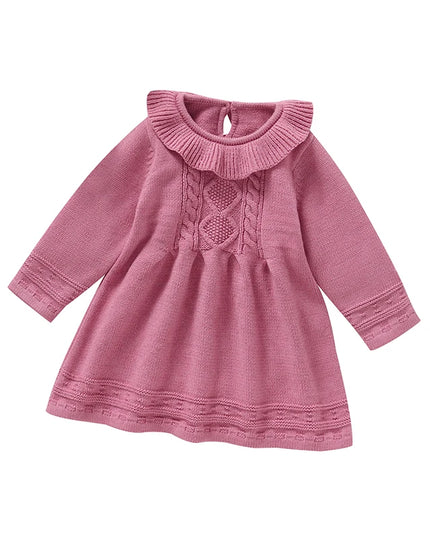Solid Color Doll Collar Long Sleeve Baby Girls Knee-length Dresses Knitted Acrylic 6-36 Months Infant Soft Princess Skirts