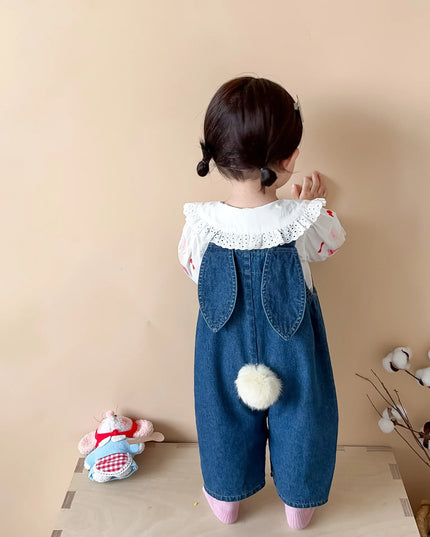 "2025 Autumn Baby Girl Sleeveless Denim Jumpsuit – Cute Rabbit Ear Overalls for Toddlers (0-24M)