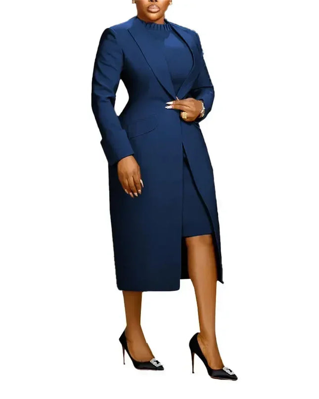 Women's Set Full Sleeve Long Blazer Coat+ Long Dress Suit  Winter Streetwear T