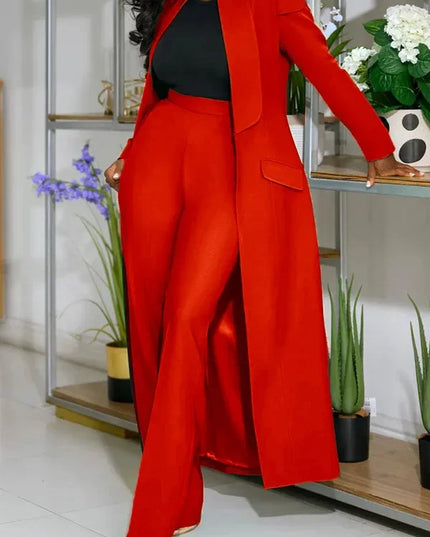 Women's Set Full Sleeve X-Long Blazer Coat+ Long Pant Suit