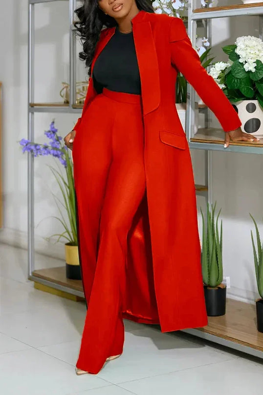 Women's Set Full Sleeve X-Long Blazer Coat+ Long Pant Suit