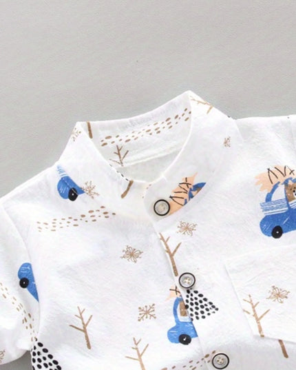 Infant and toddler summer full print bear driving pattern short sleeved shorts set for outdoor standing collar shirt fashion two