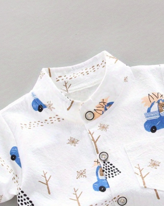 Infant and toddler summer full print bear driving pattern short sleeved shorts set for outdoor standing collar shirt fashion two