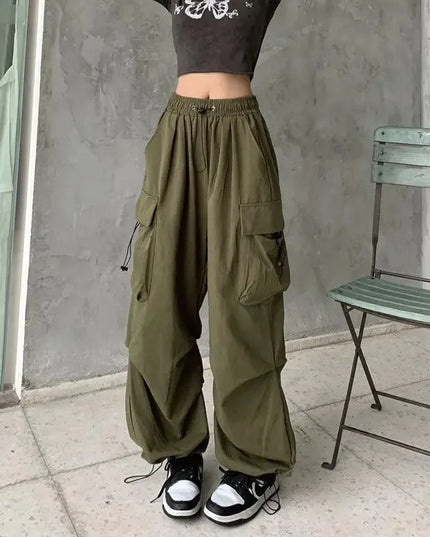 Women Casual Joggers Tech Pants Solid Low Waist Pants Drawstring Wide Leg Baggy Trousers Y2k Streetwear Oversize Sweatpants