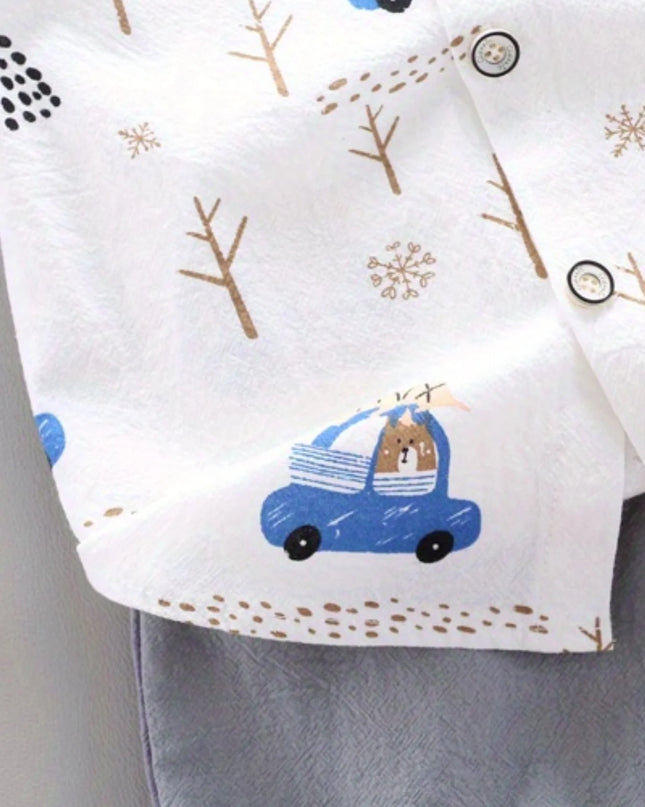 Infant and toddler summer full print bear driving pattern short sleeved shorts set for outdoor standing collar shirt fashion two