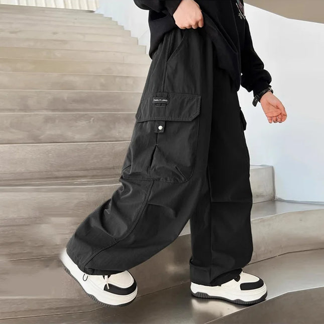 Boys Cargo Pants Children Spring Casual Trousers Children Autumn Straight Loose Pants Teenager Solid Color Wide-leg Clothing