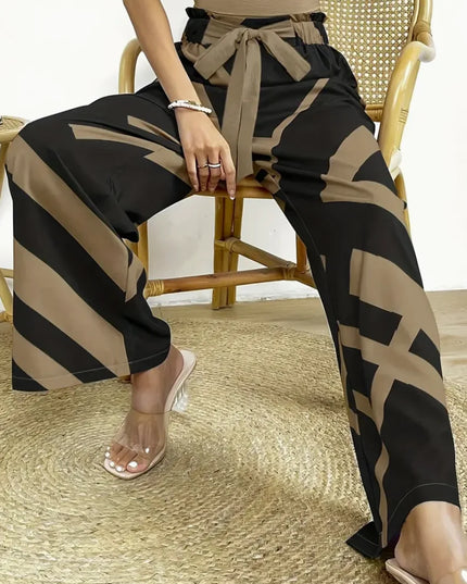 Geometric Pattern Print Wide Leg Pants Casual Loose Bow Front High Waist Pants For Every Day, Women's Clothing