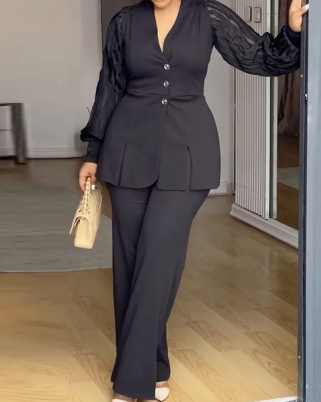 Two Piece Sets Women Outfits Button Front Top Wide Leg Pants Set with Sheer Long Sleeves